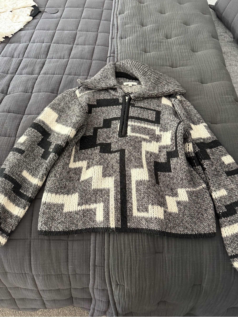 Z Supply Black, Gray & Cream Geometric Zip Sweater